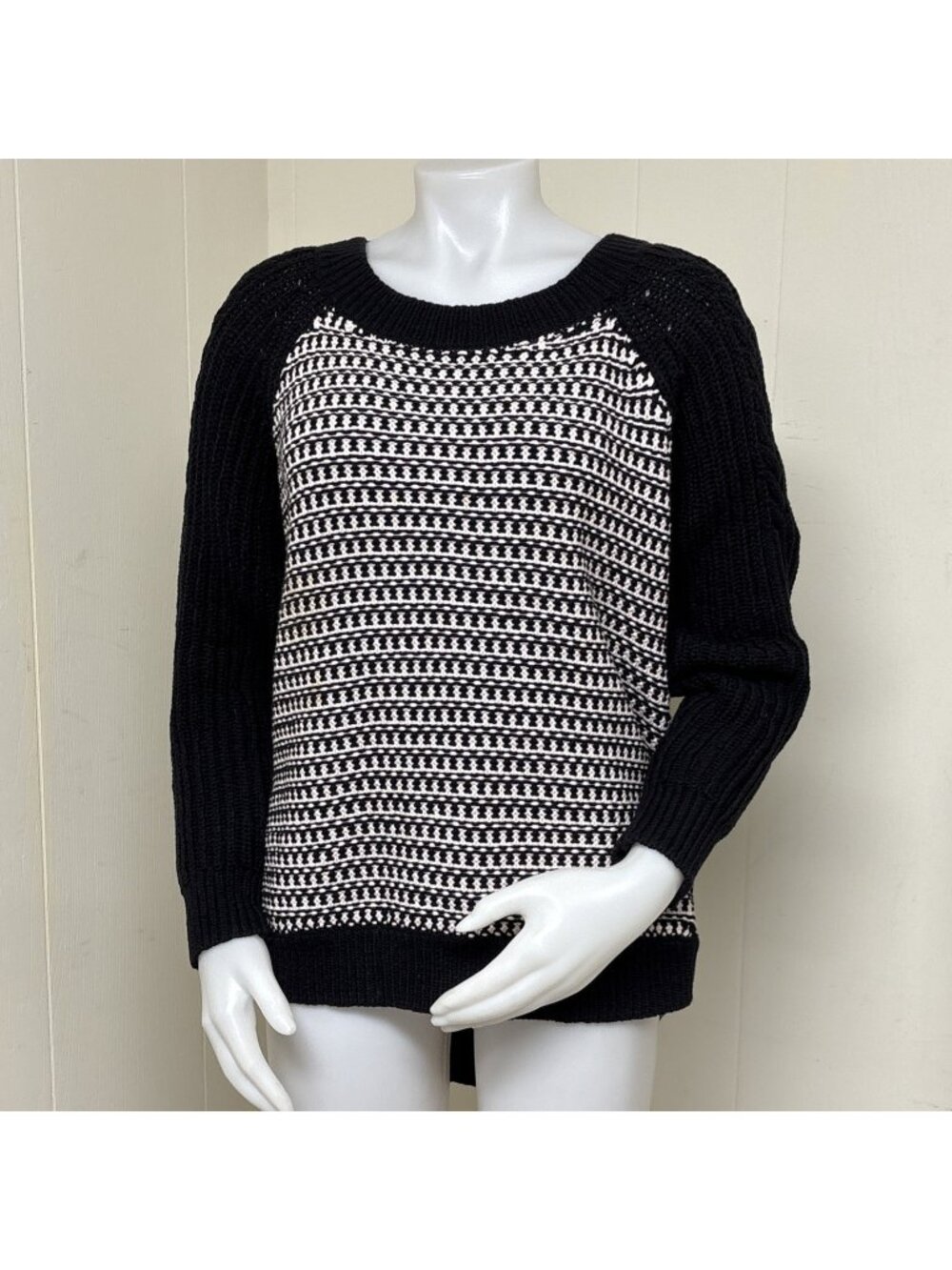 Kate Spade Chunky Knit Sweater Womens M Black White Cotton Birdseye Pullover